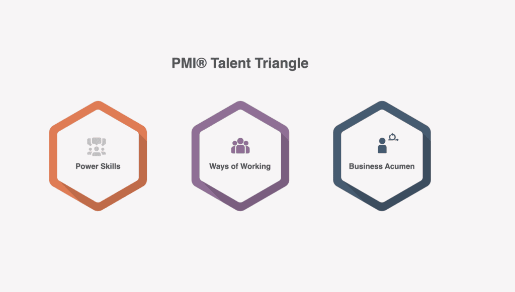 Diagram showing the PMI Talent Triangle with three connected hexagons, labeled "Power Skills" with a people icon, "Ways of Working" with a group icon, and "Business Acumen" with a person and checkmark icon.